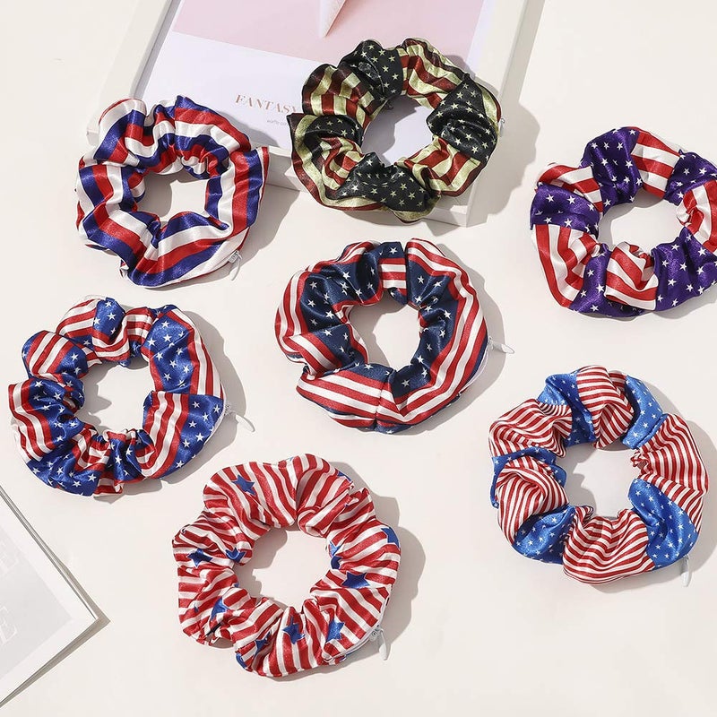 DINPREY 7 Pcs Independence Day Pocket Scrunchies for women Hair Ties with Hidden Zipper Stash Scrunchy Ponytail Holder (USA American Flag) - Image 2